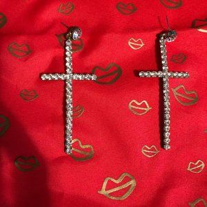 Large cross-shaped rhinestone earrings